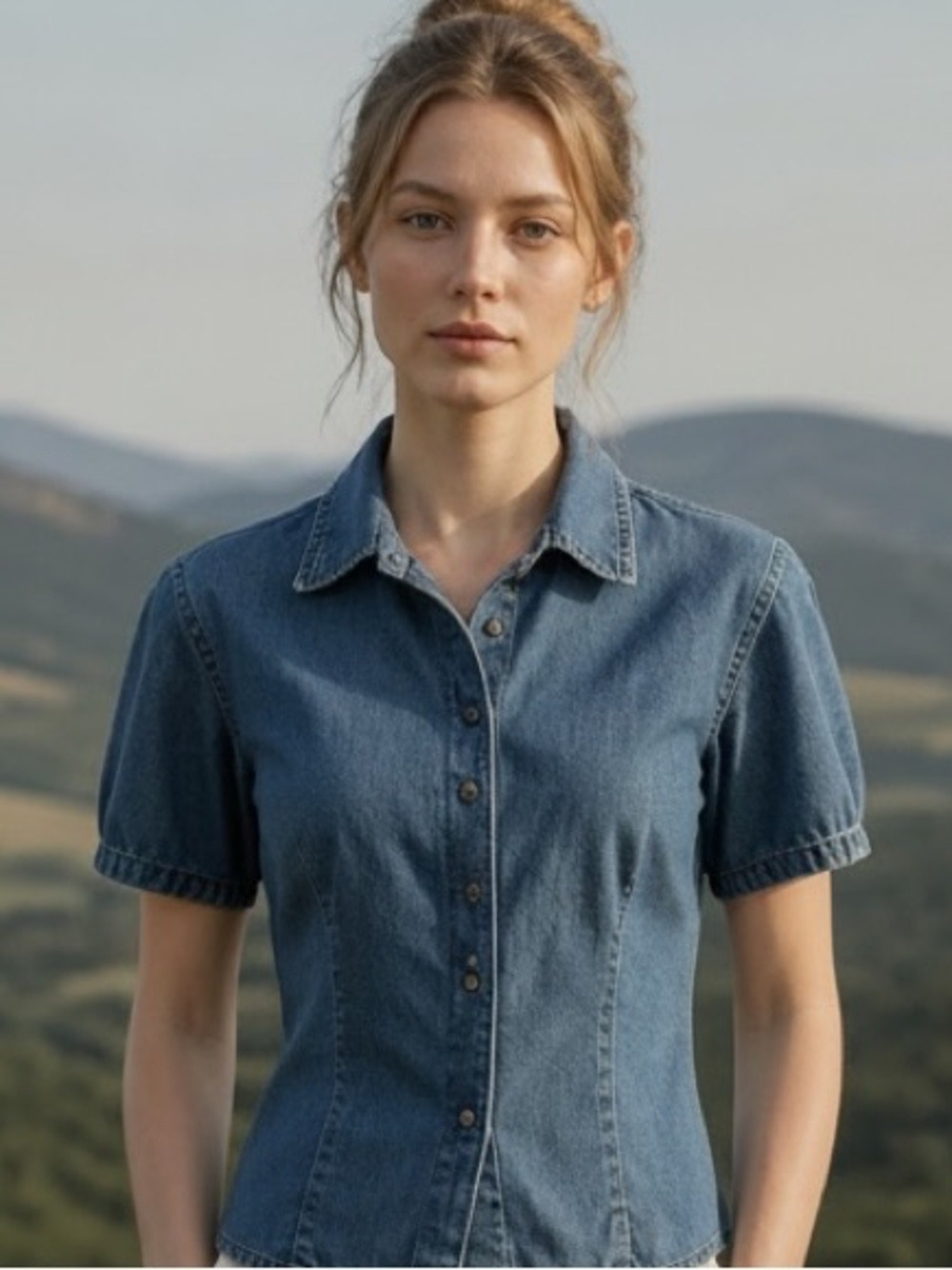 VTG MARSH LANDING COTTON DARK BLUE CHAMBRAY FITTED WESTERN VIBE BLOUSE SZ L